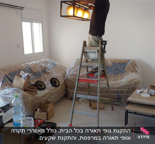 אדם מתקין גוף תאורה על סולם בחדר